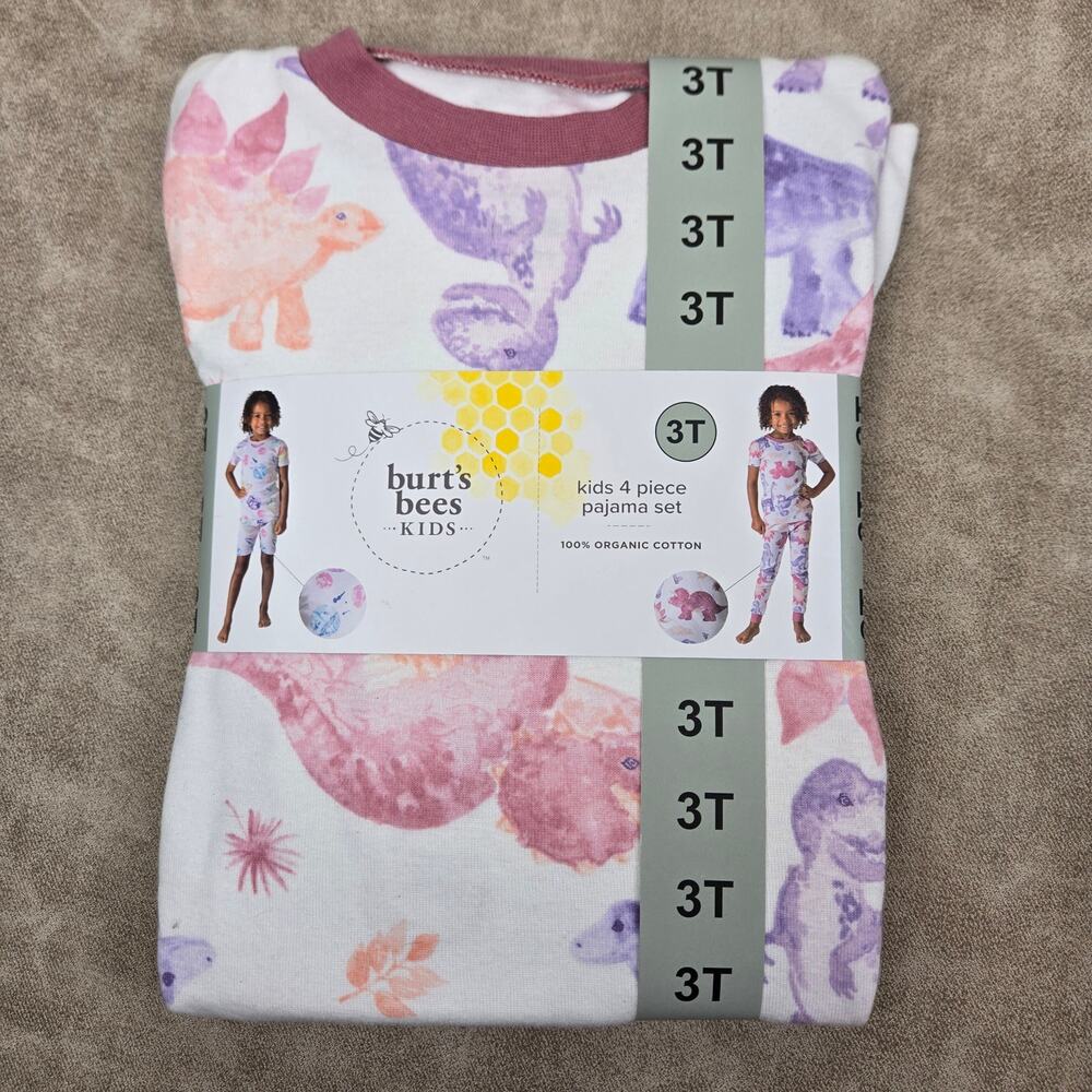 NWT Burts Bees Pajamas Set 3T Girls 4 Piece Short-Sleeve PJ's Dinosaur ~ Space